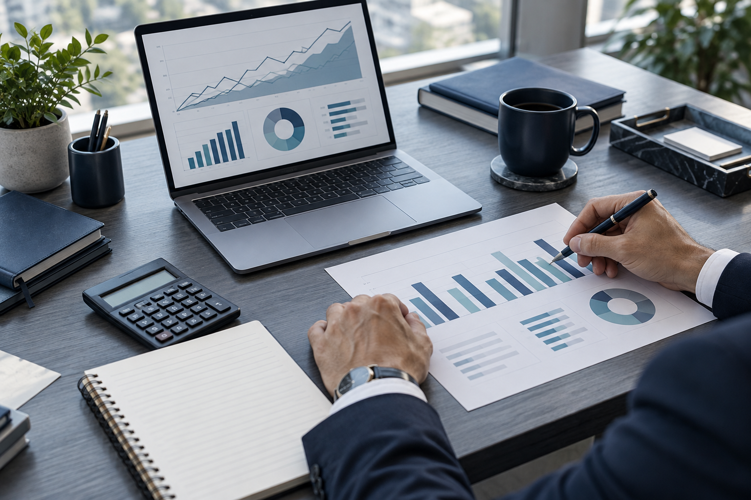 Illustrative IT budget review with a laptop, cost charts and a calculator